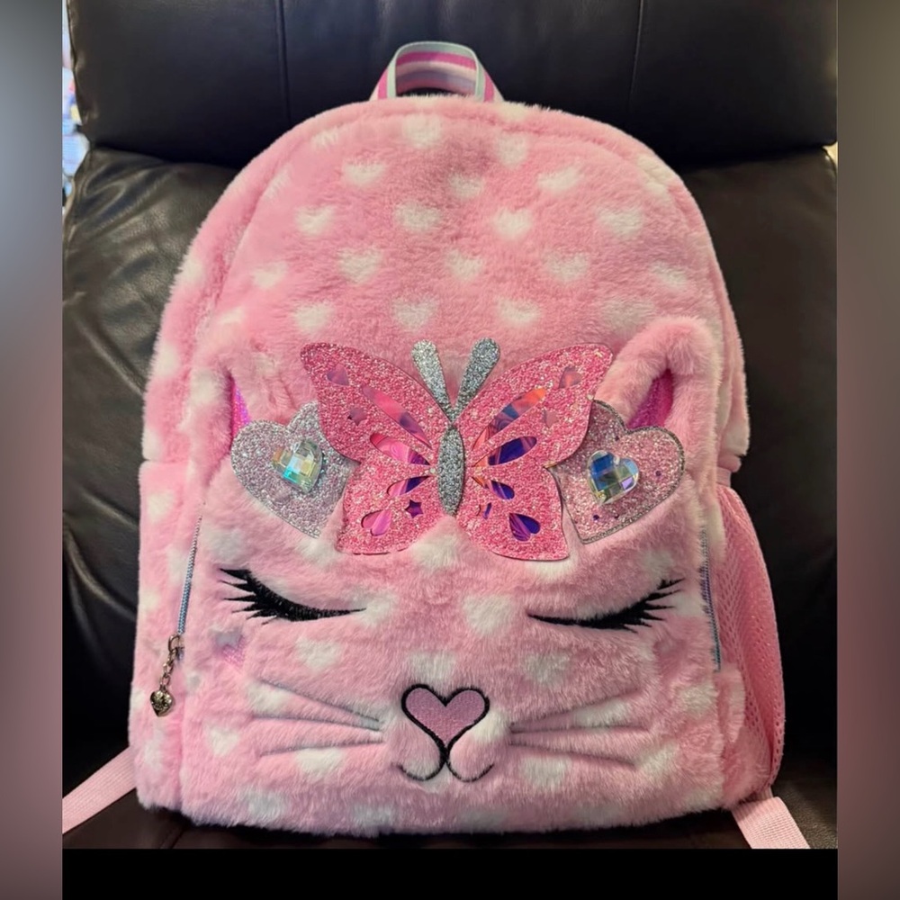 Kids Pink Plush Butterfly Backpack with Sparkle Heart Accents